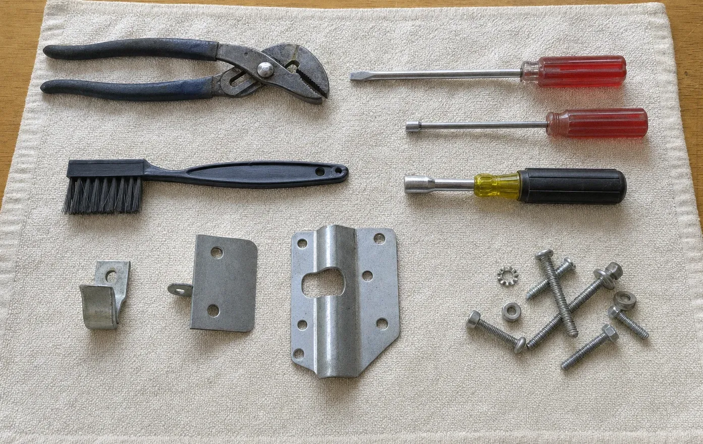 Slip-joint pliers, a brush, screwdrivers and a nut driver arranged on a towel beside hinge plates, bolts and washers